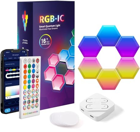 Lsunny sechseckige LED-Wandleuchte, Steuerung über Smartphone-App, synchronisiert mit Musik, Verwendung mit Alexa, sechseckige LEDs für Räume und Spiele, Umgebungsbeleuchtung.