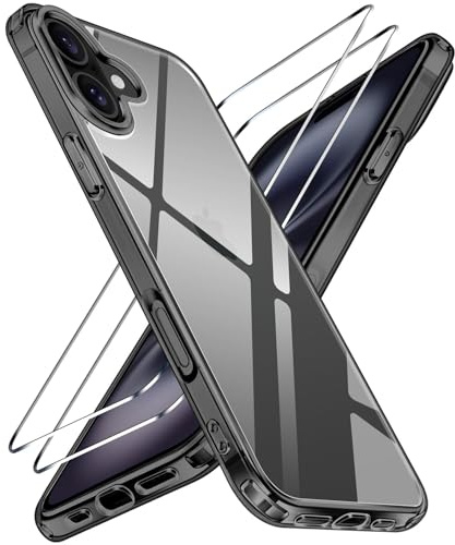 ivoler Nie Vergilbung Klar Hülle für iPhone 16 Plus, 1 Handyhülle mit 2 Stück Panzer Schutz Glas und Positionierhilfe, [Militärischer Schutz] Stoßfest Schutzhülle Dünn Case - Schwarz