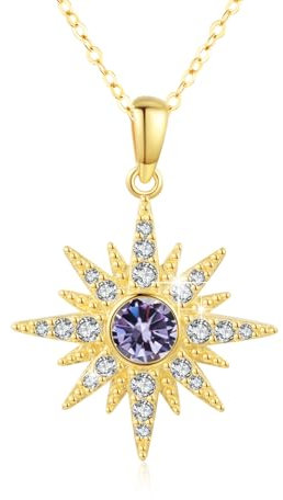 MEDWISE Stern Kette Frauen 925 Sterling Silber Gold Achtzackiger Stern Halskette Vergoldete mit Helles Lila Zirkonia Kette Gold Stern Mondstein Schmuck für Damen Mädchen Tochter Freundin