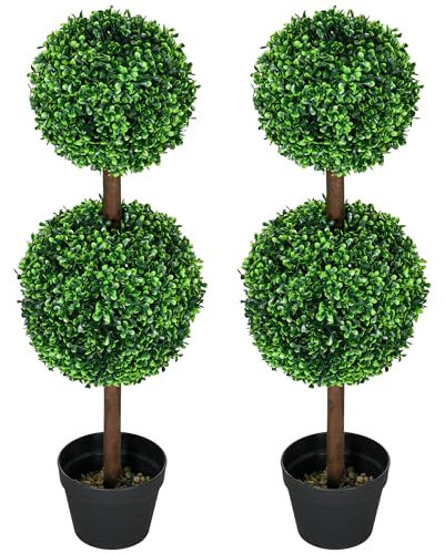 HOMCOM Plantas artificiales, set de 2 boj, planta artificial de 90 cm con doble bola, planta de interior resistente a los rayos UV, árbol artificial, decoración vegetal para interior, exterior, verde