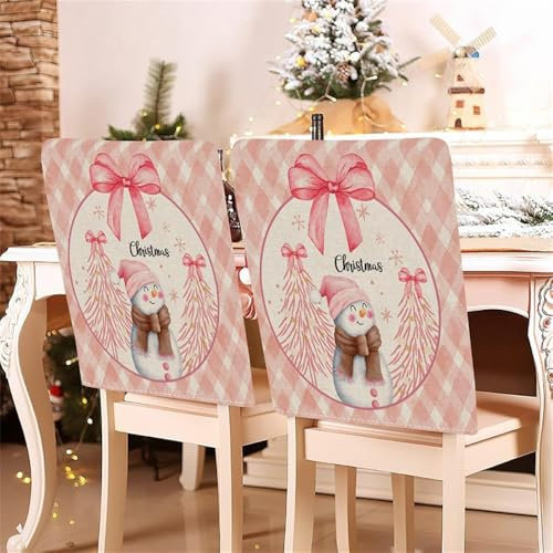 Treer Stuhlhussen Weihnachten 2/4/6/8er Set, Stuhlüberzug Weihnachts Themen Weihnachtsdeko für Weihnachten Deko, Zuhause, Küche (Rosa Schleife,4 Stück)