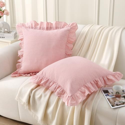 Silnuo Kissenbezug mit Rüschen, kariert, kariert, 45,7 x 45,7 cm, Gewaschene Baumwolle, Vintage-Kissenbezüge für Couch, Sofa, Bett und Wohnzimmer, Rosa/Weiß