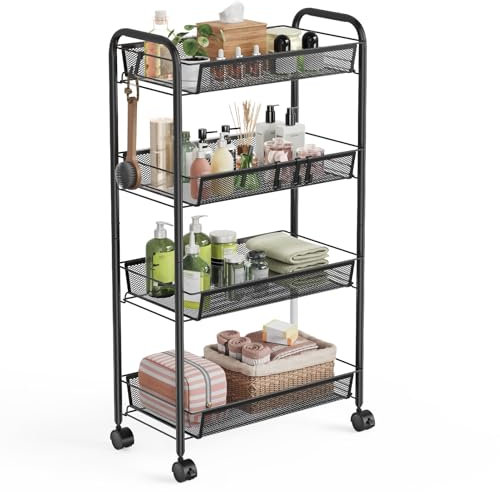 WELDUN 4 Tier Storage Trolley, Rolling Cart, Mesh Storage Cart, Mobile Storage Trolley, Bedroom Kitchen Bathroom Living Room Storage Cart, Metal, Black