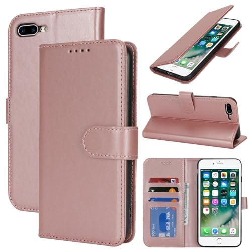 Zouzt Hülle für iPhone 8 Plus / 7 Plus 5,5-Zoll, Stoßfestes PU Leder Handyhülle Lederhülle Klapphülle mit Kartenhalter und Standfunktion Flip Leather Wallet Phone Cover (Roségold)