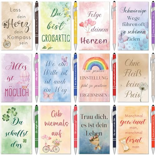 Tenare 12 Set Dankeschön Geschenke für Kollegen und Lehrer, Schwarze Tinte | 12 Inspirierende Notizbücher, 12 Motivierender Kugelschreiber, Für Abschluss und Büro, Bunt
