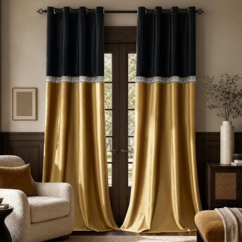 GIGIZAZA Vintage Wohnzimmer Samtvorhänge 274 cm Länge Schwarz Gold Fenster Dekorative Vorhänge Gestickte Blumen Vorhänge Retro Verdunkelungsvorhänge 2 Paneele Set
