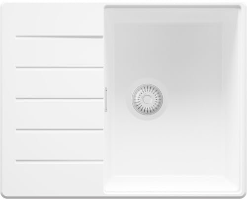 PRIMAGRAN Granitspüle Alles Weiß 62x50cm, Granitspüle 1 Becken + Ablauf-Set, Küchenspüle ab 45er Unterschrank - Kopenhagen S184