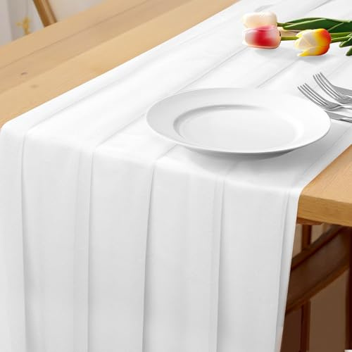 Bouiexye Chiffon Tischläufer 75x300 cm Natural Dünner Tischdeko für Hochzeitstisch Geburtstagsdeko Boho Rustikale Brautparty Elegante Tafeldecor (Weiß)
