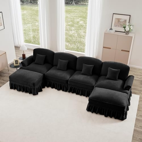 Bladez Modulares U-förmiges Ecksofa 4-Sitzer Schlafsofa mit Ottoman Hocker, abnehmbarem Volant, bequemer Chennille-Stoff, Holzbeine, Cloud Polstersofa Couchs für Wohnzimmer