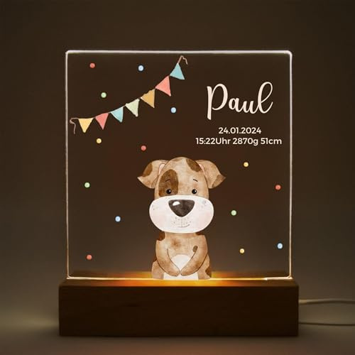 Mainely Nachtlicht Kinder personalisiert Lino Hund – LED Nachtlicht Baby & Stilllicht – Schlummerlicht für Kinderzimmer – Lampe mit Namen – Personalisiertes Geschenk zur Geburt für Jungen & Mädchen
