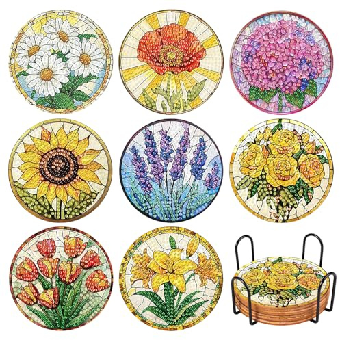 8 Stück Diamond Painting Untersetzer Blumen,10 cm Diamant Painting Untersetzer mit Halter,Diamant Tassenuntersetzer für Anfänger,Erwachsene und Kinder,Diamond Coasters für Tassen,Weingläser und Vasen