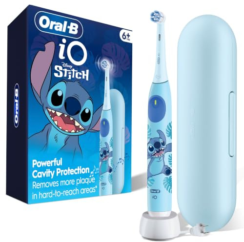 Oral-B iO Kids Limited Rechargeable Electric Powered Toothbrush, Stitch - Automatic Pressure Sensor - 3 Cleaning Settings - Music Timer - 28 Day Battery Life - Travel Case