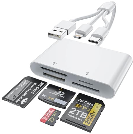 MTAKYI Adattatore Memory Stick Pro Duo, Lettore Schede 4 in 1 SD TF MS xD | Lettore 4 in 1 SD TF MS xD / USB-C USB-A Lightning / Per Sony Cyber-shot, iPhone, Android e PC / Plug & Play