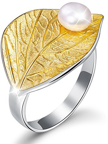 Springlight ✦ Weihnachtsgeschenke für Frauen Damen Ring Blätter mit Süßwasserperle Offener Ring S925 Sterling Silber Ringe Frauen Handgemachte Schmuck Geschenke für Frauen.(Gold)
