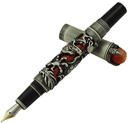 Jinhao Vintage Black Red Dragon Fountain Pen Fine Nib, intricate Design,Playing Green Jewelry with Pen Pouch