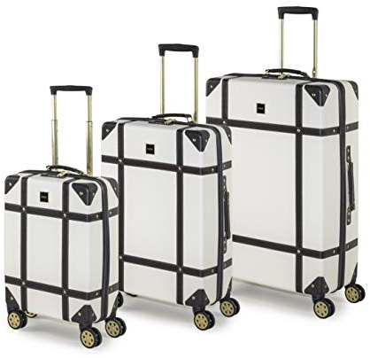 Rock Vintage Hard Shell Suitcase Set of 3 - Cream | Set Includes S, M & L Cases - Nostalgic Design, Dual 360 Swivel Wheels - TSA Lock - Lightweight Build - Impact Resistant
