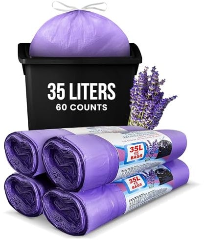 Lavender Scented Bin Bags 30L-35L (60 Counts) Very Strong with Drawstring Swing Bin Liners for Kitchen Office General Waste or Bathroom Bin Bags | Merve Pack
