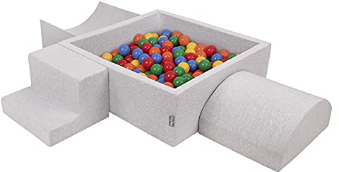 KiddyMoon Spielplatz Aus Schaumstoff Mit Quadrat Bällebad (200 Bälle) Ballgruben Für Babys Spielbad Hindernisläufen, Hergestellt In Der EU, Hellgrau:Gelb/Grün/Blau/Rot/Orange