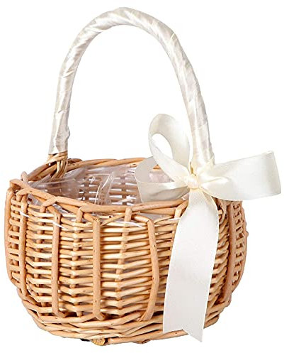 Panier de Fleurs en Rotin, Panier en Osier Mariage Champêtre, Corbeille de Fleurs Mariage, Panier en Rotin avec Anse, Panier de Fleurs Fait à la Main avec Ruban pour Mariage, Fête, Maison, Jardin