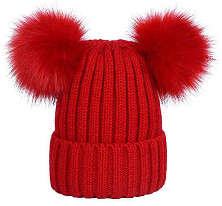 DAIHAN Wintermütze Warme Strickmütze Damen Mütze mit Kunstpelz 2 Bommeln Beanies Bommelmütze Pudelmütze Feinstrick Mütze Gefüttert Fleece Strick Beanie Rot