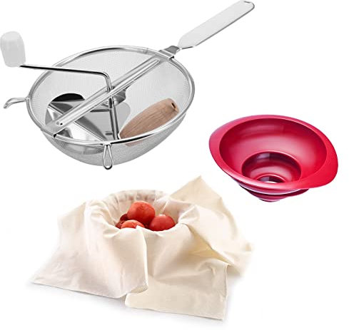 Westmark Passiersieb (Ø 20 cm) + Trichter (2tlg.) + Seih-/Passiertuch, Rostfreier Edelstahl/Kunststoff/Baumwolle, Weiß/Silber/Rot, 119722E7, Standard, Set 3tlg, 3