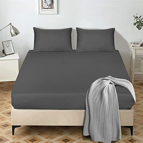 My home store Fitted Sheet 25 cm Deep Brushed Microfiber Ultra Soft No-Iron Wrinkle-Resistant Plain Dyed Fitted Bed Sheets Hypoallergenic Breathable Sheets (Charcoal, Double)