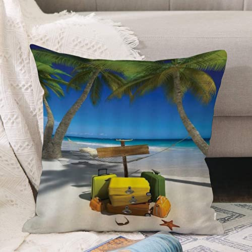 Kissenbezug 45x45 cm,Tropischer Strand, grüne Palmen, Ozeanwasser, Koffer, Blauer Himmel,Outdoor Kissen Kissenbezüge Kissenhülle Sofa Kissen dekokissen Zierkissen für Wohnzimmer Garten deko draußen