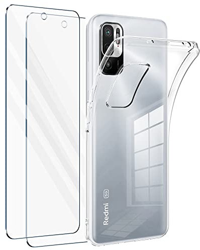 Vauki Funda para Xiaomi Poco M3 Pro/Redmi Note 10 5G con 2 Protector de Pantalla,Carcasa Silicona Transparente Suave y Cristal Templado,Ultra Fina TPU Antigolpes Case Cover 6.5