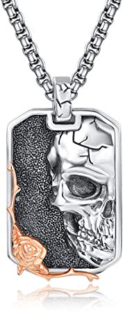 KINGWHYTE Totenkopf Halskette 925 Sterling Silber Totenkopf mit Rosenblüte Erkennungsmarke Ketten für Herren Gothic Punk Schmuck Valentinstag Geschenke für Ihn für Herren Jungen Sterling Silber