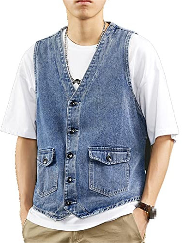 Herren Weste Vintage Denim Jeans Weste Herren Schwarz Ärmellose Jacken Herren Retro Werkzeug Jeans Westen Denim Blau XXL
