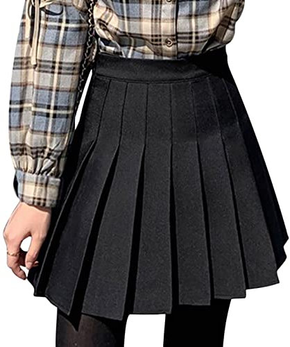 DRESHOW Rétro Jupe Basique Elastique évasée Mini Jupe Plissée Patineuse Décontractée Pour Femmes Filles, Pleated Mini Skirt 04-Black, L
