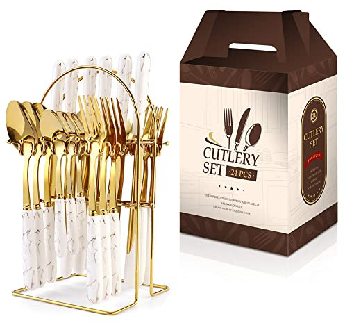 Cutlery Set, 24-Piece Home Safety Stainless Steel Silverware Set with Stand, Mirror Polishing Flatware Set Service for 6, Includes Knives, Forks, Spoons (White-Gold)