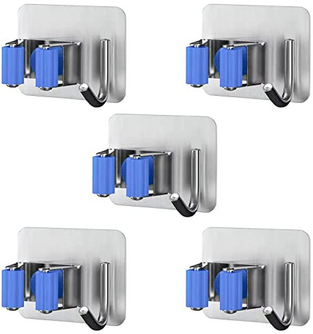 Boniry Broom and Mop Holder Wall Mounted self adhesive, 304 Metal Stainless Steel Broom Organizers and Storage,Utility Storage Rack Heavy Duty for Bathroom Kitchen Office Closet & Garden - Blue 5 Pcs