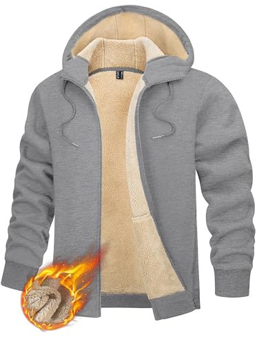 TACVASEN Herren Trachtenjacke Winter Fleece Pulli Gefütterte Hoodie Fleecejacke Casual Sweatjacke Jacket, Hellgrau, XXL