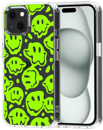 MOSNOVO Case for iPhone 15 Plus / 14 Plus [Buffertech 6.6ft Military-Grade Drop Protection] [Anti Peel Off Tech] Clear TPU Bumper Phone Case Cover Design - Distorted Green Smiles Face