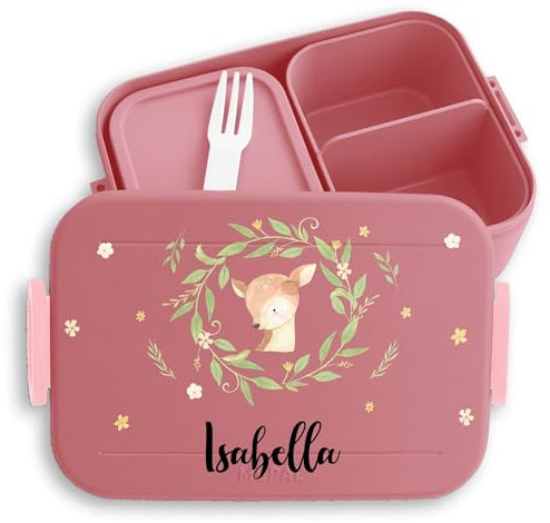 Kinder Bento Box Midi für Mepal Bentobox - Brotbox süßes Reh Lunchbox Rehkitz Vesperbox I - 900 ml - Rosa - brotdose kindergarten brotzeitbox mädchen schule rehlein name snackbox brotdosen