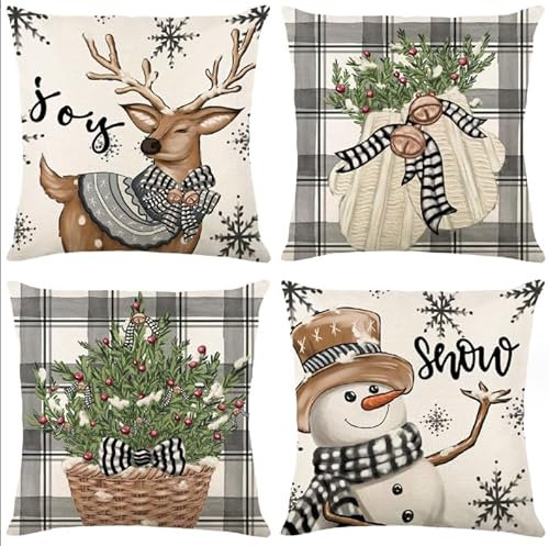 Joyoldelf 4er Set Kissenbezug Weihnachten - Schneemann Rentier Weihnachtsdeko Leinen Kissenbezüge 45x45 cm, Geeignet für Schlafzimmer Sofa Wohnzimmer Büro Kissenhüllen Deko (Grau Gitter)