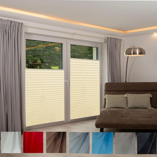 Plissee ohne Bohren Plissees Klemmfix 35 x 130 cm Sonnenschutz Easyfix Lichtdurchlässig Plisseerollos Faltrollo Jalousie mit Klemmträger / -fix für Tür & Fenster, Beige