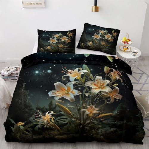 YELDAN Bettwäsche 135x200 Lilie, Blumenmuster Bettbezug, Bettwäsche-Sets 2 teilig, Weich & Bügelfrei Mikrofaser Wendebettwäsche und 1 Kissenbezug 80x80 mit Umschlag