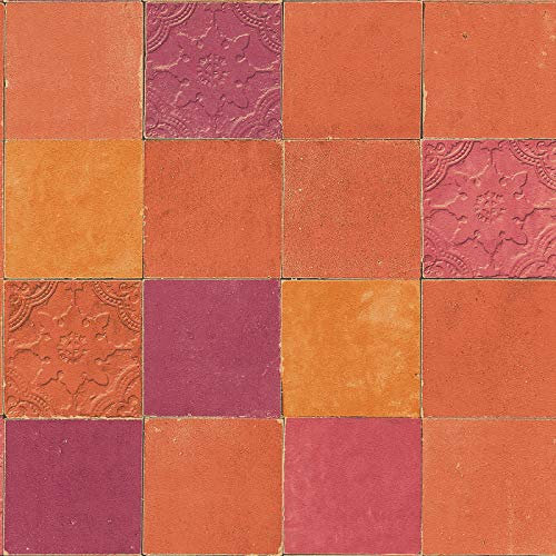 BRICOFLOR Papier peint orange & framboise imitation carrelage Tapisserie style marocain rouge & orange Papier peint cuisine & salon