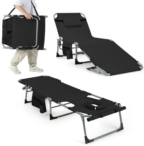 COSTWAY Bain de Soleil Pliable Inclinable à 5 Positions, Charge 180kg, Transat de Plage Pliable, Trou pour Visage, Appui-tête Amovible, Porte-gobelet et Poche, Chaise Longue pour Jardin Plage(Noir)
