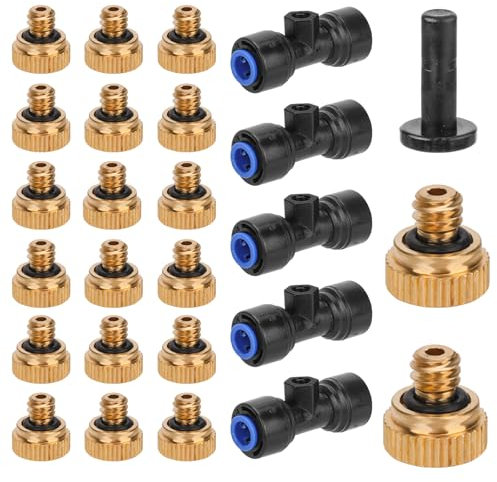 PEUTIER Kit de Boquillas de Nebulización, 20uds Boquillas de Pulverización y 5uds Tees de Boquilla de Nebulización de Agua con 1 Enchufe Negro para Sistema de Refrigeración Exterior de Tubo de 1/4
