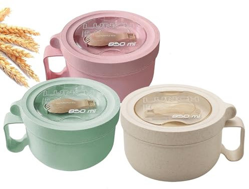 Rarapop 3 Pack Microwave Soup Bowl Containers with Lids, 28.7oz Wheat Straw Ramen Noodles Cup Mug for Instant Noodles,Oatmeal, Gumbo, Salad,Crunch,Cereal & More, Easy-Grip Design(Beige, Pink, Green)