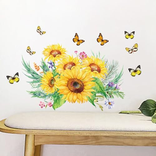 astylishome Wandtattoo Schlafzimmer Sonnenblume Schmetterling Wandsticker Garten Blumen Tapete Wandaufkleber Wanddekoration Wohnzimmer Büro Wanddeko 0205
