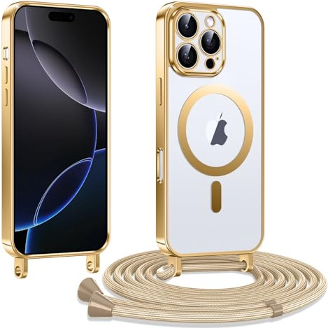 Kokio Handykette Hülle für iPhone 16 Pro 6,3 Zoll mit Band, Magnetische Transparent Handyhülle Kompatibel mit MagSafe, Kratzfeste Stossfest Schutzhülle mit Einstellbar Kette, Gold