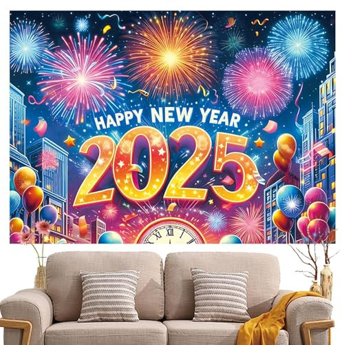 Frohes neues Jahr Dekoration Banner, Frohes neues Jahr Hintergrund, 2025 Stoff Poster Hintergrund, 82,6 * 59 Zoll Hintergrund Banner für C-Fotokabinen Hintergrunddekorationen