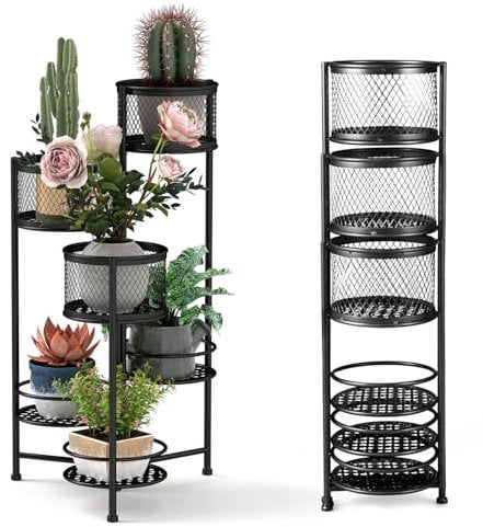 HOMASIS Blumenständer Metall mit 6 Ebenen, Pflanzenständer drehbarer, Blumenregal klappbar, verstellbar Pflanzenregal für Topfpflanzen, Blumentopfhalter für Wohnzimmer, Balkon, Terrasse (Schwarz)