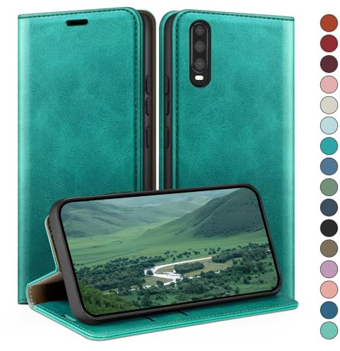 HUOUH für Huawei P30 Hülle mit RFID Schutzhülle aus Lederhülle Handyhülle,Kartenfach Leder ständer Handy hülle,360 Grad Schutz Cover für Huawei P30 Klapphülle Wallet Case Blaugrün
