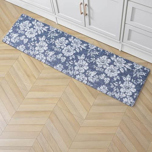 Laura Ashley Küchenmatte gegen Ermüdung, Iris-Blumendesign, flecken-, wasser- und lichtbeständig, zum Kochen und Stehen, rutschfeste Unterseite, Maße: 44,5 x 152,4 cm, Marineblau