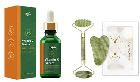 Jade Roller Gesicht Vitamin C Serum und Guasha Stein Massage Set, Natural Gesichtsroller, Glättendes Serum, Massage Roller für geschwollene Augen, Hautstraffung, Jawline, feine Linien